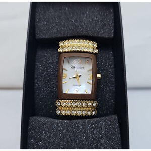 Gruen Womens Wrist Watch Brown Hard Bracelet Band Gold Details White Face Quartz